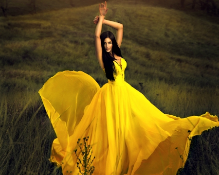 Fashion model - pose, model, beautiful, yellow, brunette, dress, yellow dress, fields, woman