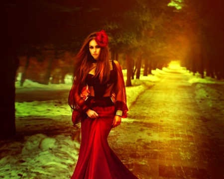 Red passion - woman, trees, red, fashion, road, model