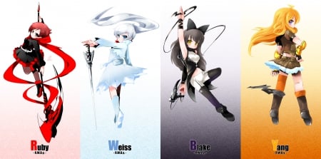 RWBY - anime, kawaii, female, warrior, Ruby, dress, armor, rwby, chibi, weapon, gown, anime girl, hot, girl, Weiss Schnee, collages, cute, sexy, Yang Xiao Long, Blake Belladonna