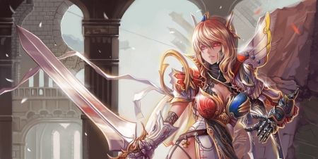 Warrior - anime, anime girl, female, warrior, hot, girl, sword, long hair, knight, armor, blade, fantasy, cute, weapon, sexy