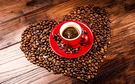 COFFEE with LOVE - love, coffee, red, heart, beans, saucer, cup