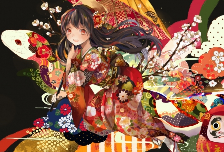 Anime girl - girl, black, white, art, yellow, red, snake, umbrella, anime, animal, orange, flower, manga