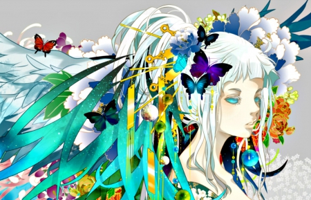 Anime girl - girl, hair, wings, white, art, butterfly, purple, red, blue, anime, green, flower, manga