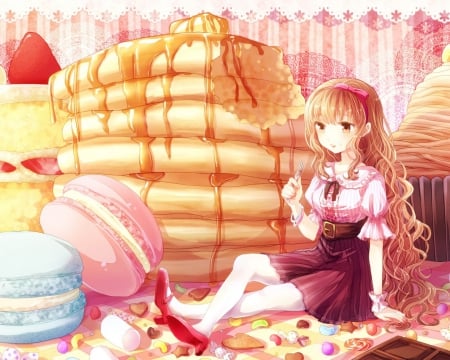 A Meal Girl - male, sweets, girl, hood, anime girl, mohen, cookies, art, stardarwry, ribbon, pancakes, cute, cakes