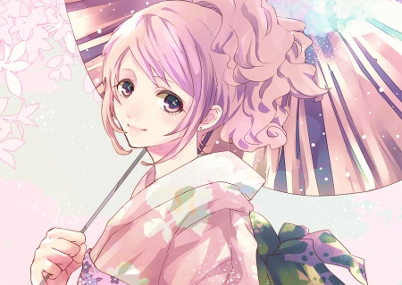 Anime girl - girl, bloom, spring, white, geisha, umbrella, pink, anime, cute, manga, flower