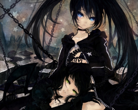 Black Rock Shooter - takanashi yomi, black rok shooter, leing, chin, 2 girls, green eys, cute, lie, blue eyes