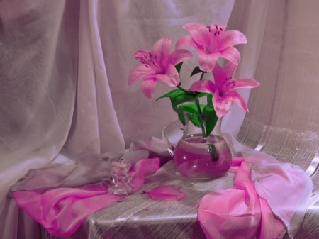 Still life - nice, candle, delicate, room, bouquet, tender, lovely, still life, vase, nature, pretty, pink, petals, beautiful, leaves, flowers