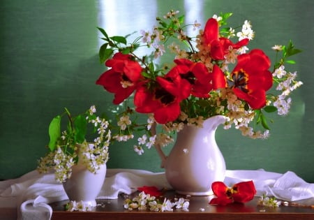 Still life - nice, freshness, delicate, may, still life, spring, blossoms, pretty, petals, blooming, fresh, tender, lovely, vase, beautiful, leaves, flowers, poppies