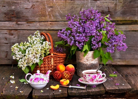 Tea and lilacs - basket, still life, other, white, wood, purple, kettle, garden, rustic, outside, fruits, tea, vase, cup, nature, lilacs, abstract, floral, porcelain