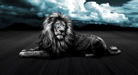 Lion with Tattoo - Animals, Tattoo, blue, Cats, Lion