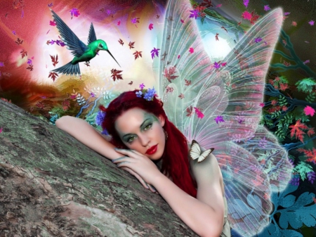 Fantasy - wallpaper, long, fantastic, beautiful, young, leaves, abstract, fantasy, lips, birds, woman, red, face, pink, world, flowers, butterfly, lovely, dreamer, hair, colors