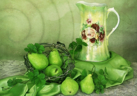 Still Life in Green - pears, green, flowers, still life, vase