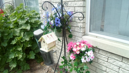 Flowers - white, pink, blue, hanging, flowers, birdhouse