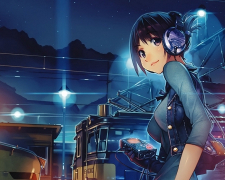 A Game World - anime girl, train station, video hames, headphons, city, night, cool, light