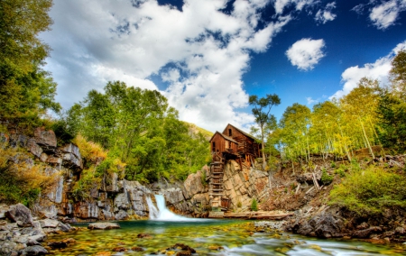 Crystal Mills in Colorado - sky, building, trees, waterfalls, mills, nature, crystal, forest, clouds, river, architecture, colorado