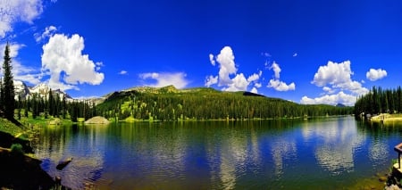 Lake Irwin Crested Butte, Colorado - clouds, trees, water, blue, grass, forest, reflection, mountain, white, nature, land, lake, colorado, sky