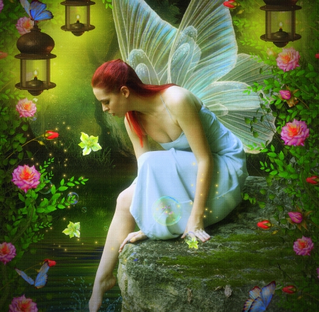 âœ«Gentle Touchâœ« - girls, models, roses, animals, hair, wings, lanterns, cool, digital art, tender touch, gentle, charm, beautiful, weird things people wear, dress, women, redhead, female, fantasy, creative pre-made, gorgeous, pretty, angels, butterflies, floating bubbles, moss, mixed media, lovely, plants, bright, water splash, splendor, flowers, colors