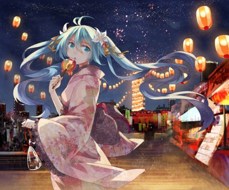 Hatsune Miku - female, hot, anime girl, lantern, anime, miku, kimono, cute, hatsune miku, sexy, girl, twintails, night, long hair, hatsune, vocaloids, candy, blue hair, eat, vocaloid, yukata, sweet, festival, snack