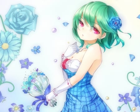 Kazami Yuuka - nice, female, hot, sundress, anime girl, bouquet, red eyes, touhou, pretty, anime, kazami yuuka, cute, short hair, sexy, girl, lovely, floral, sweet, green hair, flower, dress