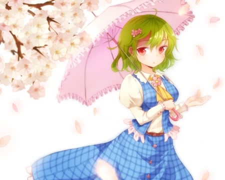 Kazami Yuuka - nice, female, hot, sundress, anime girl, bouquet, red eyes, cherry blossom, touhou, pretty, umbrella, petals, anime, sakura blossom, kazami yuuka, cute, short hair, sexy, girl, lovely, floral, sakura, pink, sweet, green hair, dress, flower