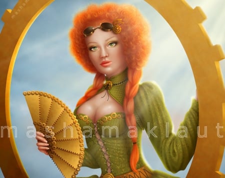 ~Pin-up Girl~ - women, girls, models, redhead, fan, pin-up, female, people, hair, sunglasses, pretty, cool, digital art, green, paintings, cute, lady, lovely, charm, weird things people wear, beautiful, colors, drawings, dress