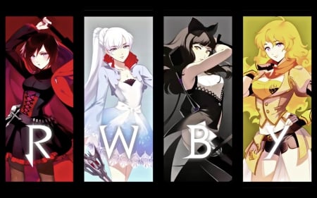 RWBY - anime, female, warrior, Ruby, dress, armor, rwby, weapon, gown, anime girl, hot, girl, Weiss Schnee, collages, cute, sexy, Yang Xiao Long, Blake Belladonna