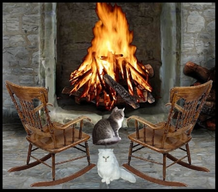 by the fireplace - collage, cats, animals, fireplace