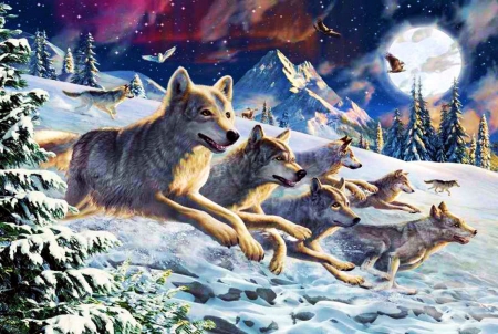 On the Hunt - love four seasons, raptors, xmas and new year, moons, holidays, artwork, eagle, wolves, forests, paintings, wolfpack, winter, evening, landscape, owl, moon, snow