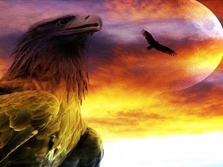 Eagles - flying, painting, sky, artwork, clouds, majestic, planet, fantasy