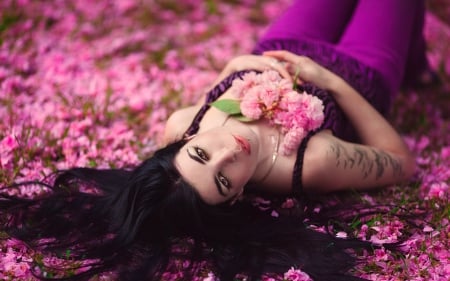 Deep in my heart - woman, flowers, lying, petals