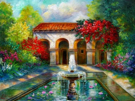 Italian abbey - nice, sky, trees, water, calm, italian, painting, fountain, art, quiet, abbey, pretty, garden, scene, summer, lovely, serenity, nature, beautiful, flowers