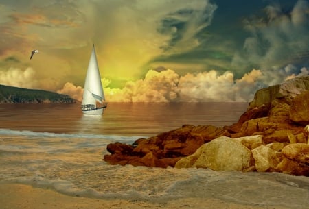 Evening Sail - Water, Sail, Nature, River, Boat, Sky