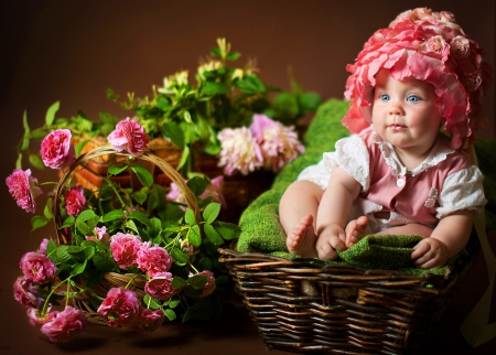 Basket baby - nice, roses, gift, basket, pretty, baby, cute, little, kid, girl, cutie, child, lovely, blue eyed, beautiful, leaves, sweet, flowers, photo