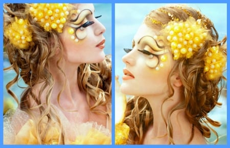 Summer beauty - yellow, summer, blue, girl, beauty, cehenot, make-up, fantasy, woman, model