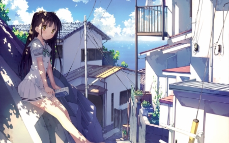 anime girl - girl, sea, anime, houses