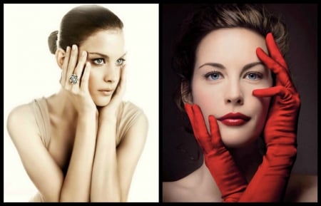 Liv Tyler - blue, girl, beauty, jewel, cehenot, actress, black, white, red, woman, model, ring, gloves, liv tyler