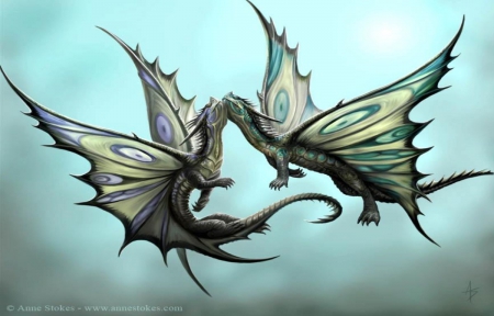 Dance of dragons - dance, dragons, wings, colorful, wallpaper, fantasy, art, abstract, blue