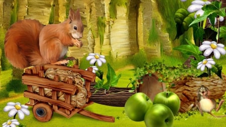 Friendly Forest Friends - story, trees, whimsical, faity tale, mouse, grass, forest, flowers, daisies, apples, cute, squirrel