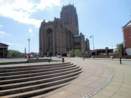 Liverpool Cathedral - pavement, ice cream van, street lights, Steps, blue Skes, tree