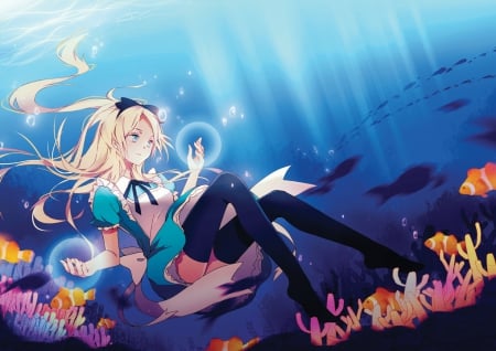 Alice and wonderland - anime, water, cute, alice, fish