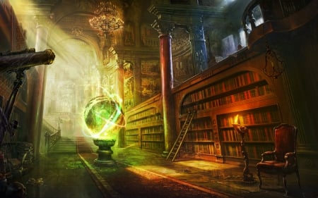 Library - library, game, light, green, books, fantasy