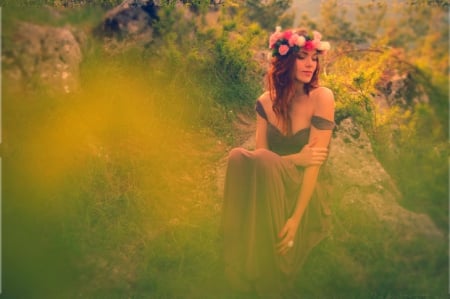 queen B - rocks, beautiful, flowers, female, nature, woman, dress