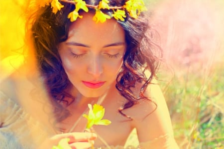 time for me - woman, nature, flores, hair, beautiful, flowers, mujer