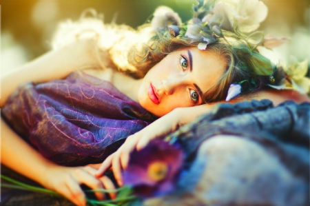 meditacion - woman, nature, pretty, eyes, hair, flowers