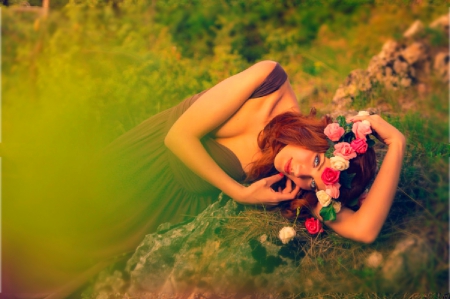 relax - relaxing, woman, bonita, flores, hair, flowers