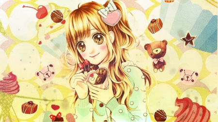 ~Sweets Feast~ - sweets, hearts, girl, girly, anime, chocolate, cute, teddy bear