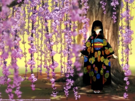 Anime girl - kimono, anime, cherry blossom, girl