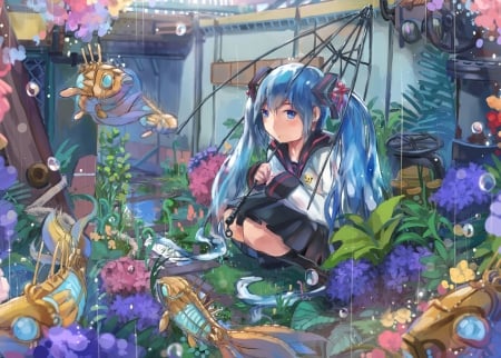 ~Rainy Days~ - hatsune miku, blue eyes, bubbles, plants, blue hair, vocaloid, anime, fish, flowers