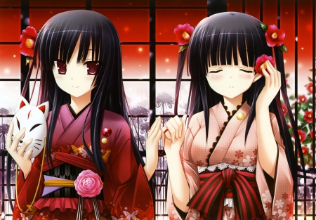 Flower n Mask - mask, hot, female, black hair, anime gilr, petals, anime, kimono, cute, sexy, girl, long hair, hd, floral, yukata, blossom, flower