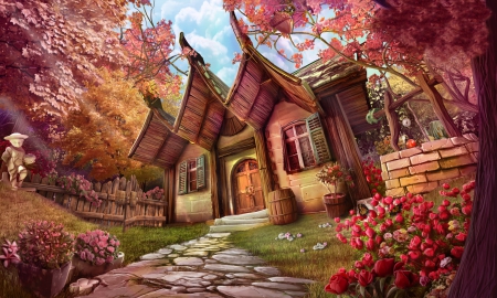 Fantasy - painting, red, house, cherry blossoms, fantasy, maole, spring